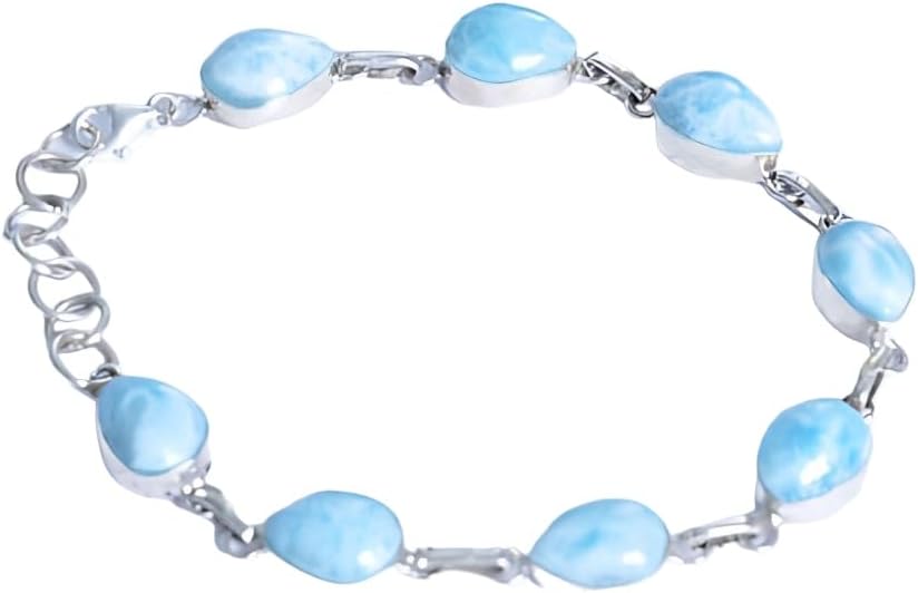 Bracelet, 925 Silver Bangle With Natural Larimar Drops, 8 Inches In Length. Premium Handmade Bracelet.