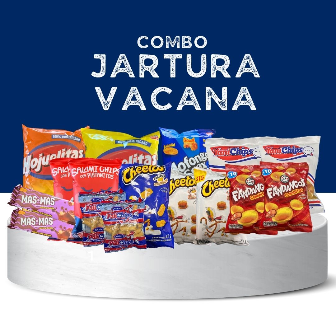 Combo Jartura Vacana (16 items): Hojuelitas, Poropoz, Chocolate Mas Mas, Burger Cheetos, Salami Chips and more.