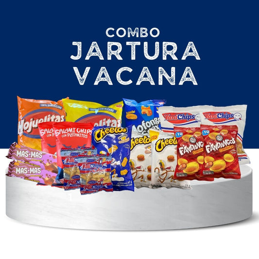 Combo Jartura Vacana (16 items): Hojuelitas, Poropoz, Chocolate Mas Mas, Burger Cheetos, Salami Chips and more.