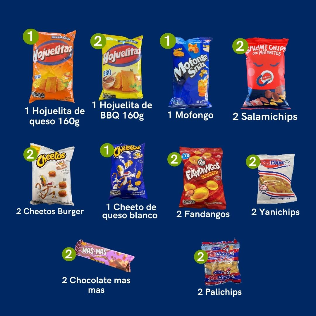 Combo Jartura Vacana (16 items): Hojuelitas, Poropoz, Chocolate Mas Mas, Burger Cheetos, Salami Chips and more.