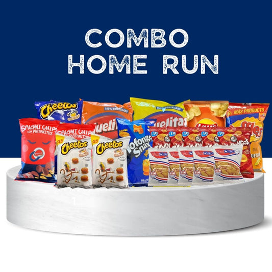 Home Run Snack Combo (20 items): BBQ Hojuelitas, Yanichips, Salami Chips, Cheetos Burguer, Fandango, and more Dominican treats for game day.