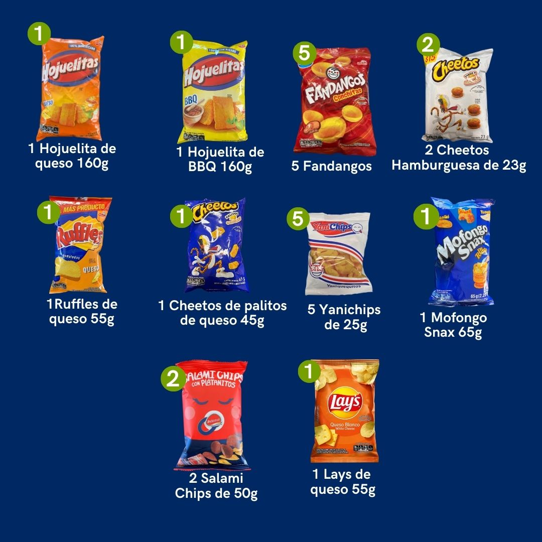 Home Run Snack Combo (20 items): BBQ Hojuelitas, Yanichips, Salami Chips, Cheetos Burguer, Fandango, and more Dominican treats for game day.