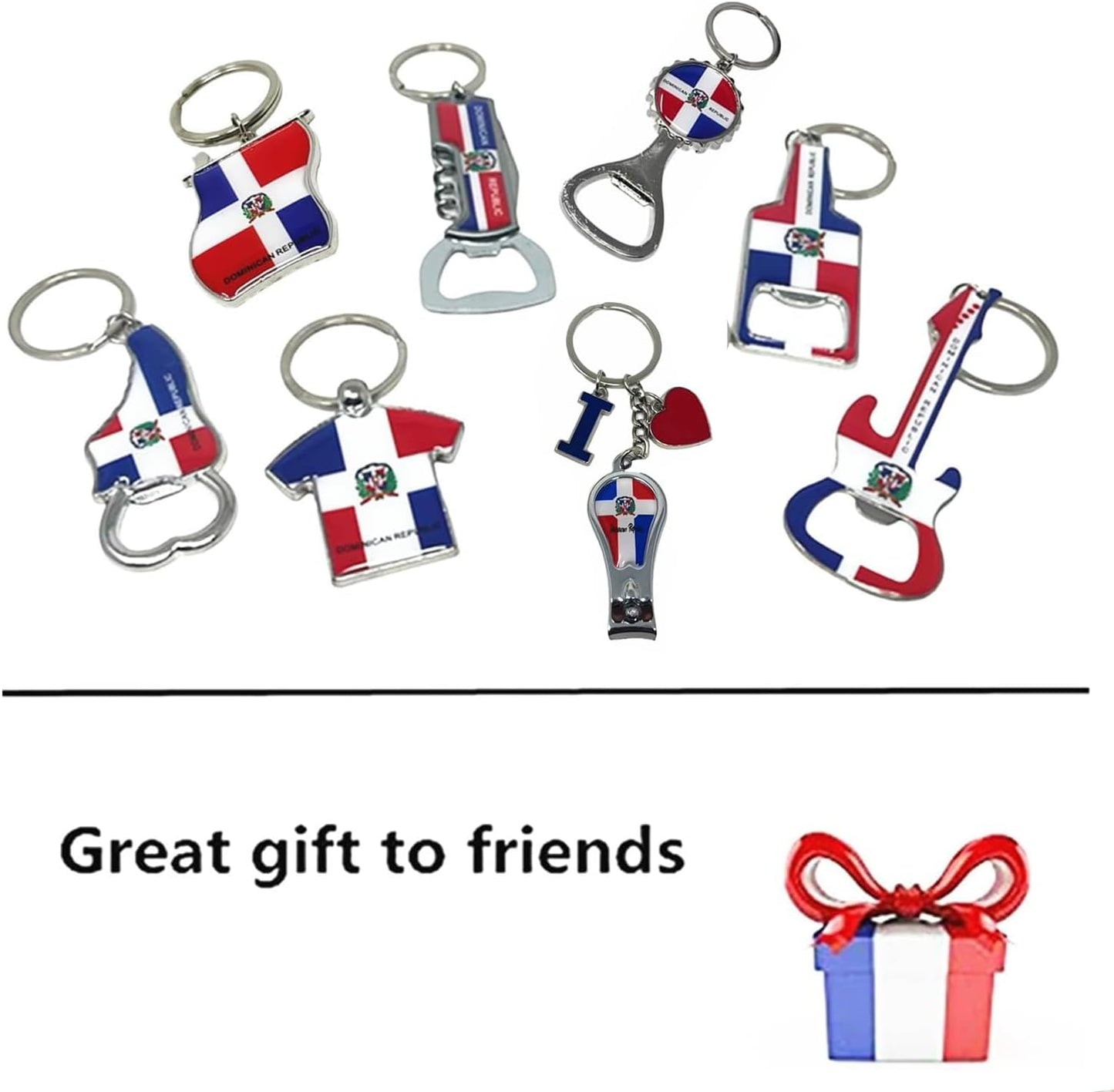 Paquete de 8 llaveros de República Dominicana: set de recuerdo metálico (bandera, corazón, camiseta y más)