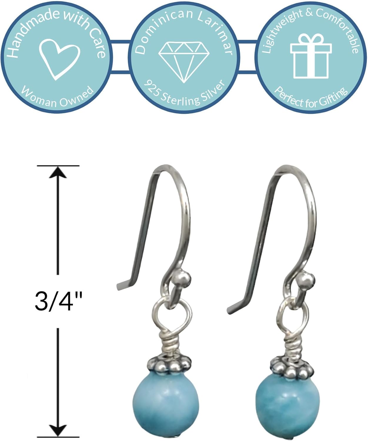 Pendientes colgantes de plata de ley con cuentas de larimar dominicano, piedras preciosas caribeñas hechas a mano, gancho francés, caja de regalo