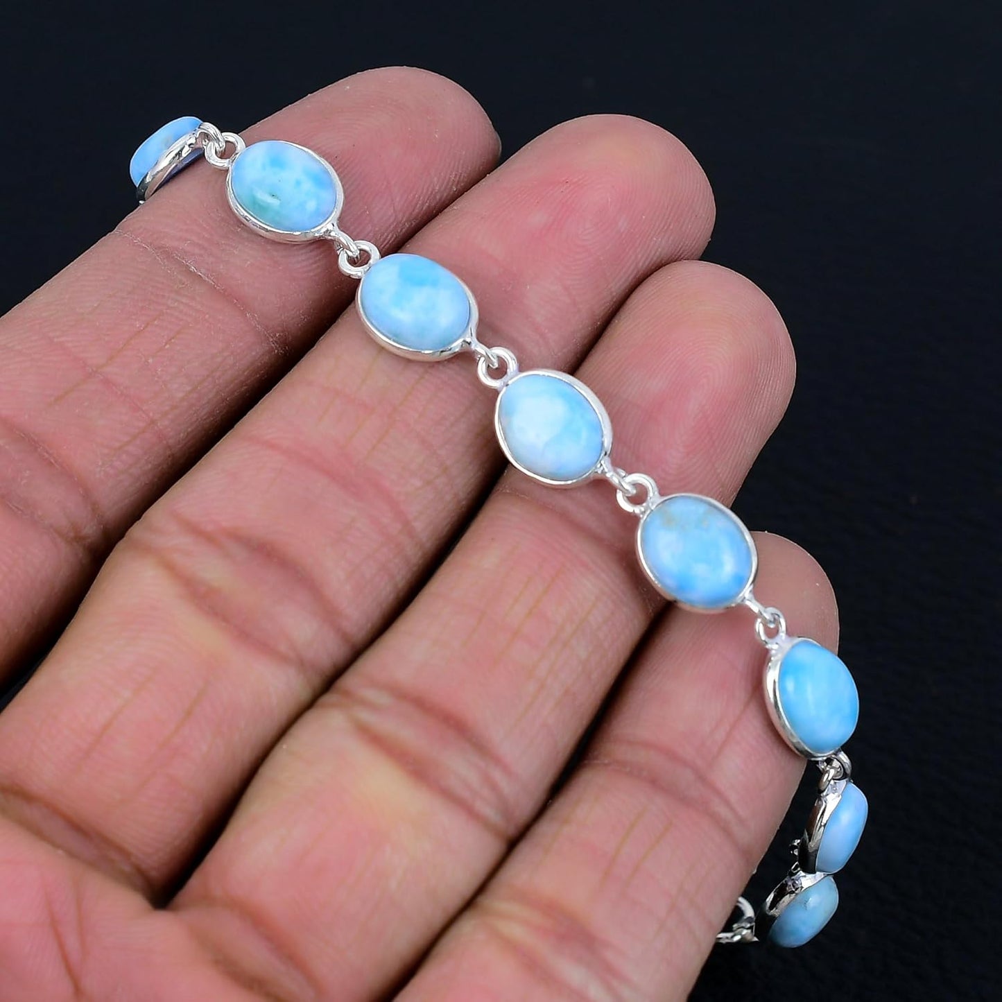 Silver Palace Larimar Link Tennis Bracelet in 925 Sterling Silver, Oval 7x9mm Stones, 7–8” Fit, Lobster Clasp, Unisex Gift
