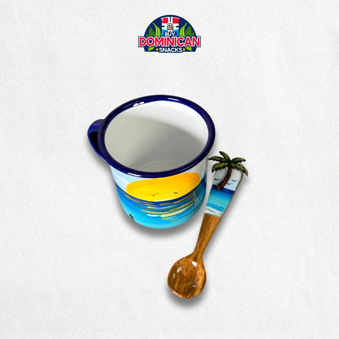 Enamel-Coated Aluminum Mug Set with Beach Design and Spoon – Coastal Elegance
