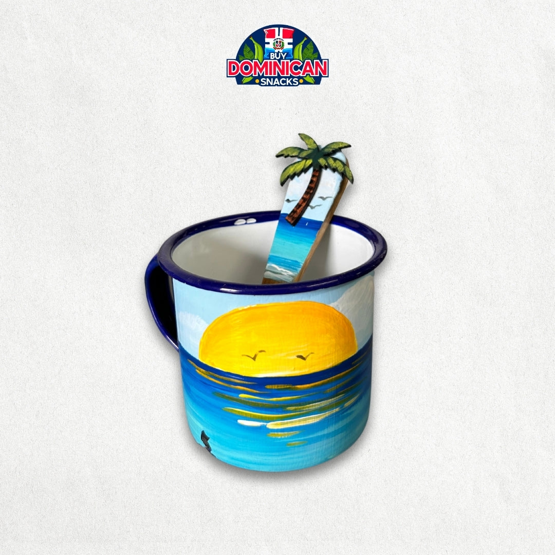 Enamel-Coated Aluminum Mug Set with Beach Design and Spoon – Coastal Elegance