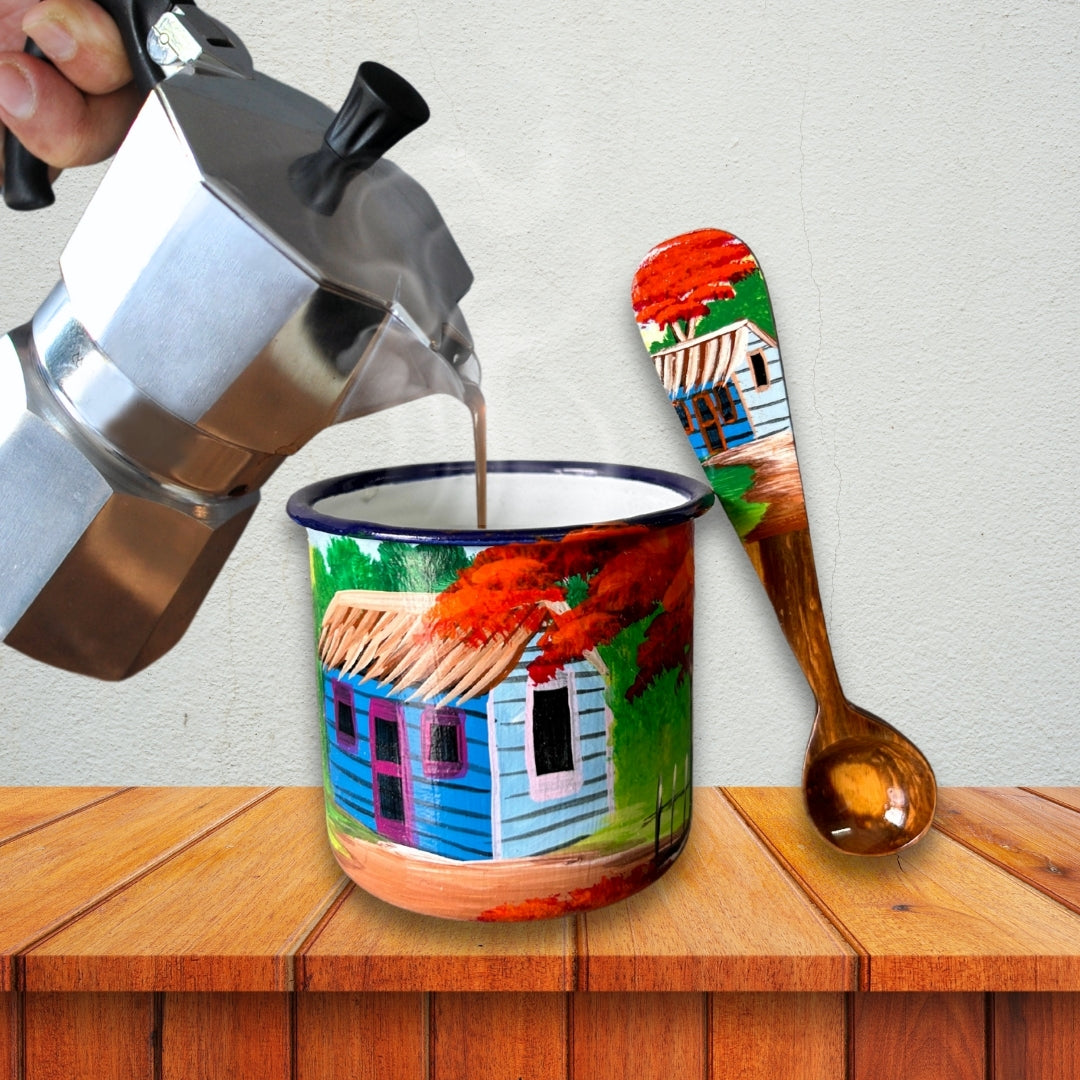 Metal Mug with Dominican Countryside Design and Spoon Set