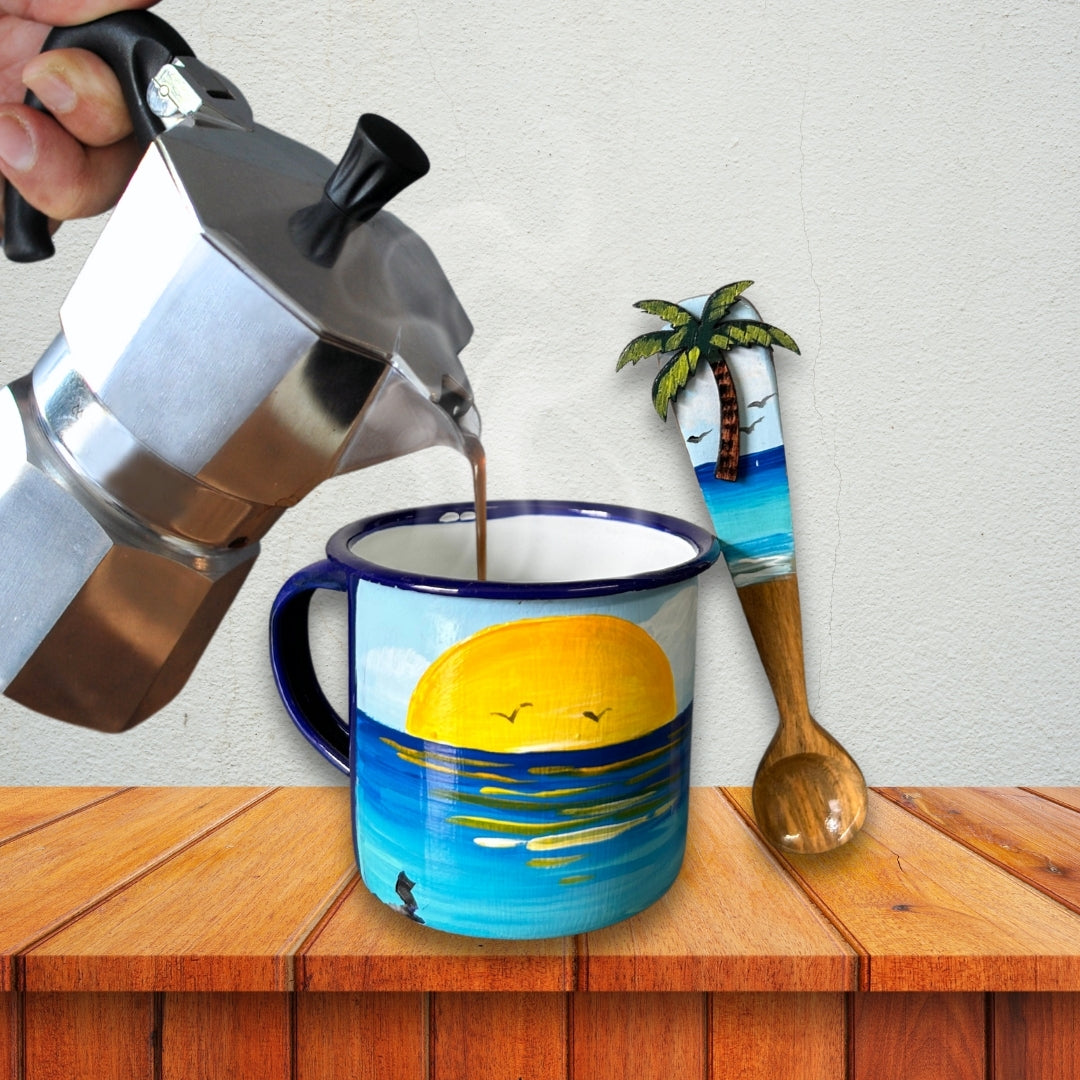 Enamel-Coated Aluminum Mug Set with Beach Design and Spoon – Coastal Elegance