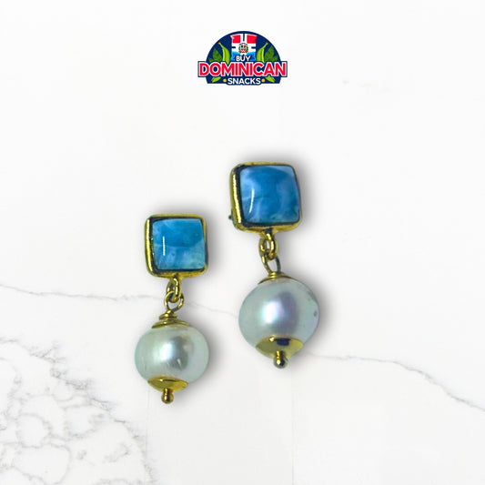 Gold-Plated Silver Larimar Earrings with Freshwater Pearl