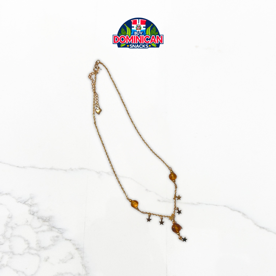 Collar de plata 925 bañado en oro con chips de larimar o ámbar y detalles de estrellas: una combinación perfecta de elegancia dominicana y encanto celestial