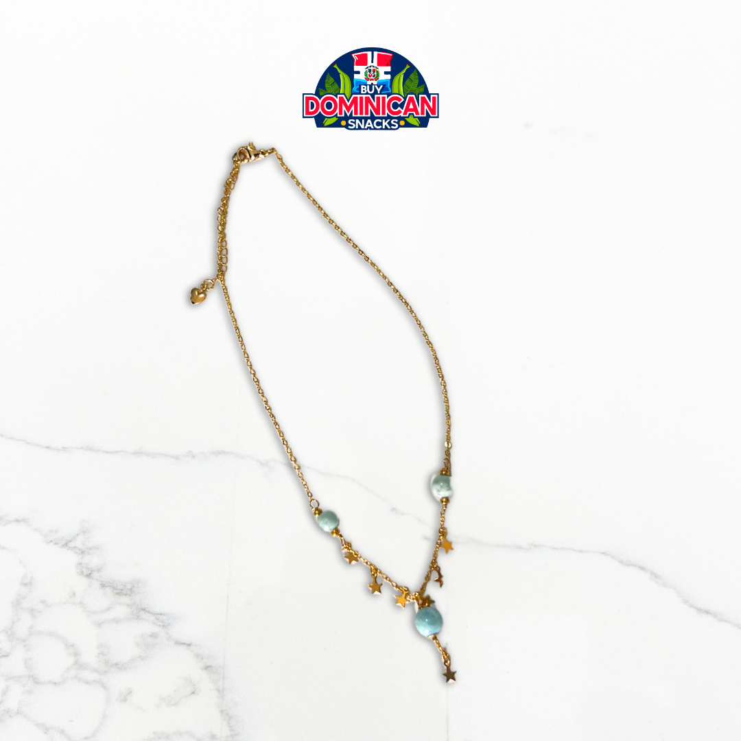 Collar de plata 925 bañado en oro con chips de larimar o ámbar y detalles de estrellas: una combinación perfecta de elegancia dominicana y encanto celestial