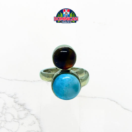 Silver Ring with Double Amber and Larimar Circles