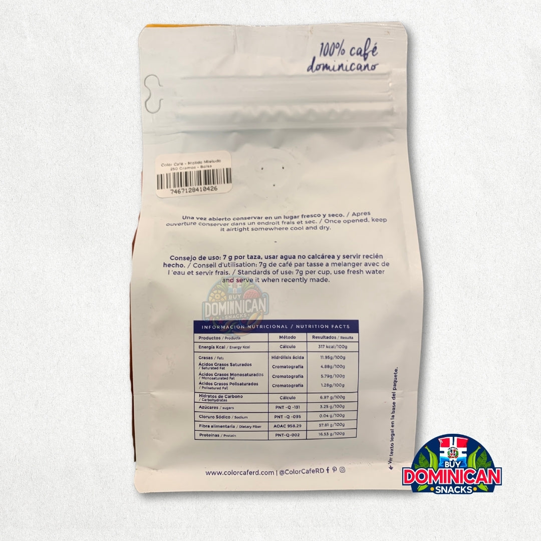 Color Café Ground Honeyed Coffee - Artisanal Dominican Coffee in a 250g pack.