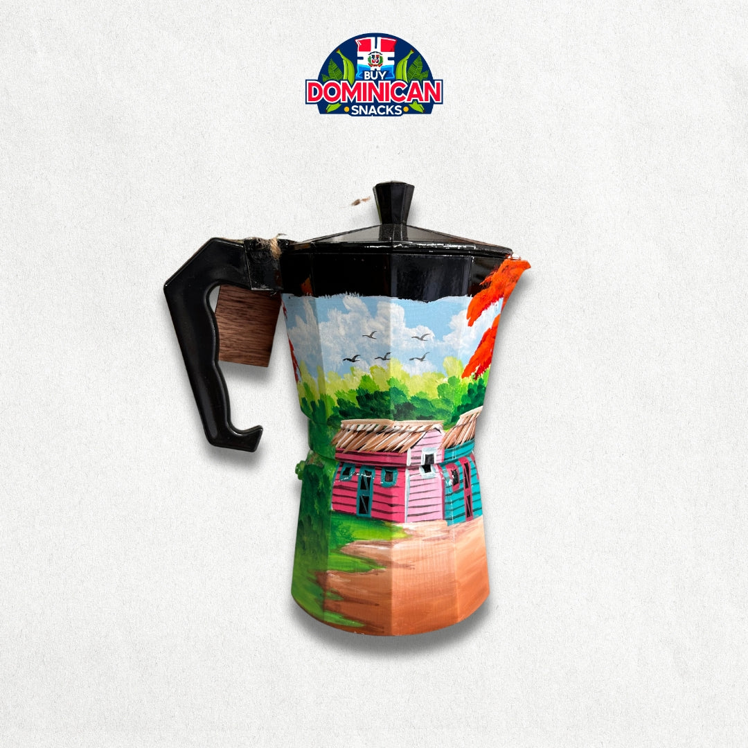 Dominican Coffee Pot with Scenic Country Painting - 6 Cups - For decorative purposes only