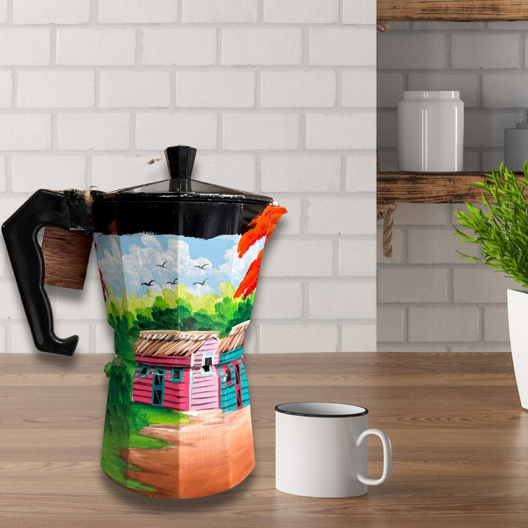Dominican Coffee Pot with Scenic Country Painting - 6 Cups - For decorative purposes only