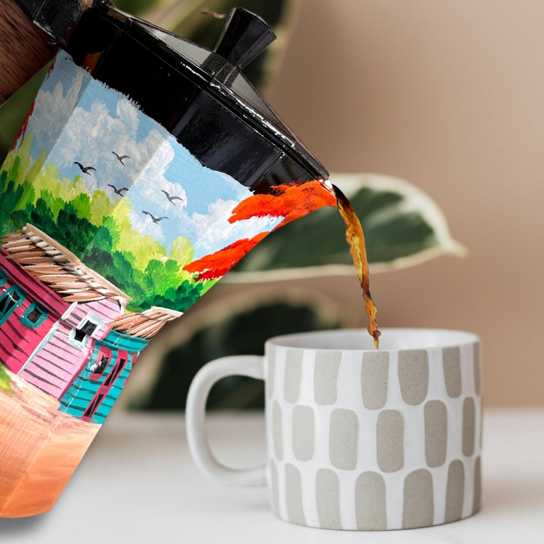 Dominican Coffee Pot with Scenic Country Painting - 6 Cups - For decorative purposes only