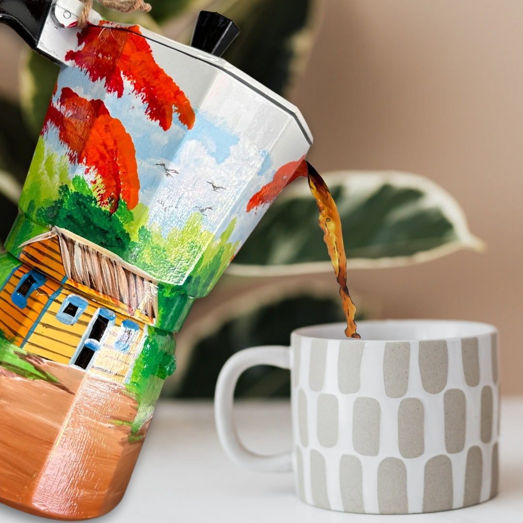 Dominican Coffee Pot with Scenic Country Painting - 6 Cups - For decorative purposes only
