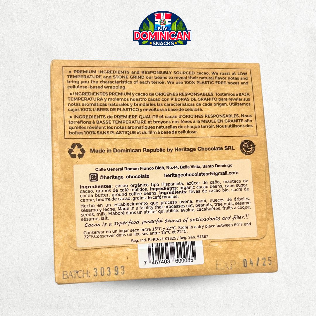 Heritage Chocolate Espresso 60% Cacao - 70g of coffee chocolate