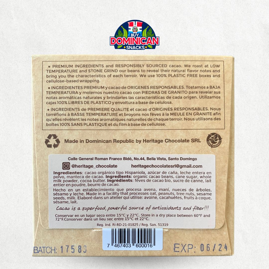 Heritage Chocolate Dark Milk Chocolate Handmade in Dominican Republic 62% Cacao