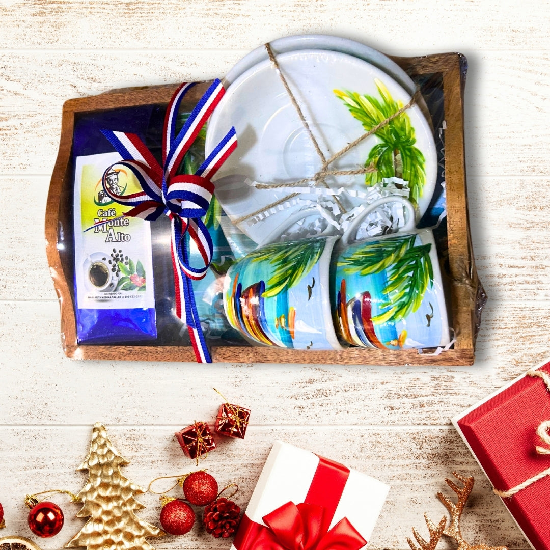Dominican Tropical Beach Set – 2 Mugs, 2 Plates & Monte Alto Coffee Gift Kit