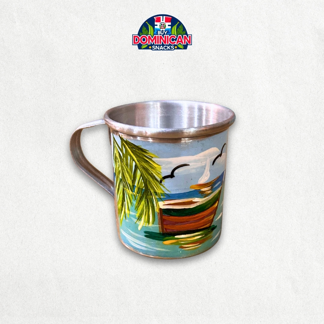 Taza de aluminio recubierta de esmalte – Diseño de playa dominicana
