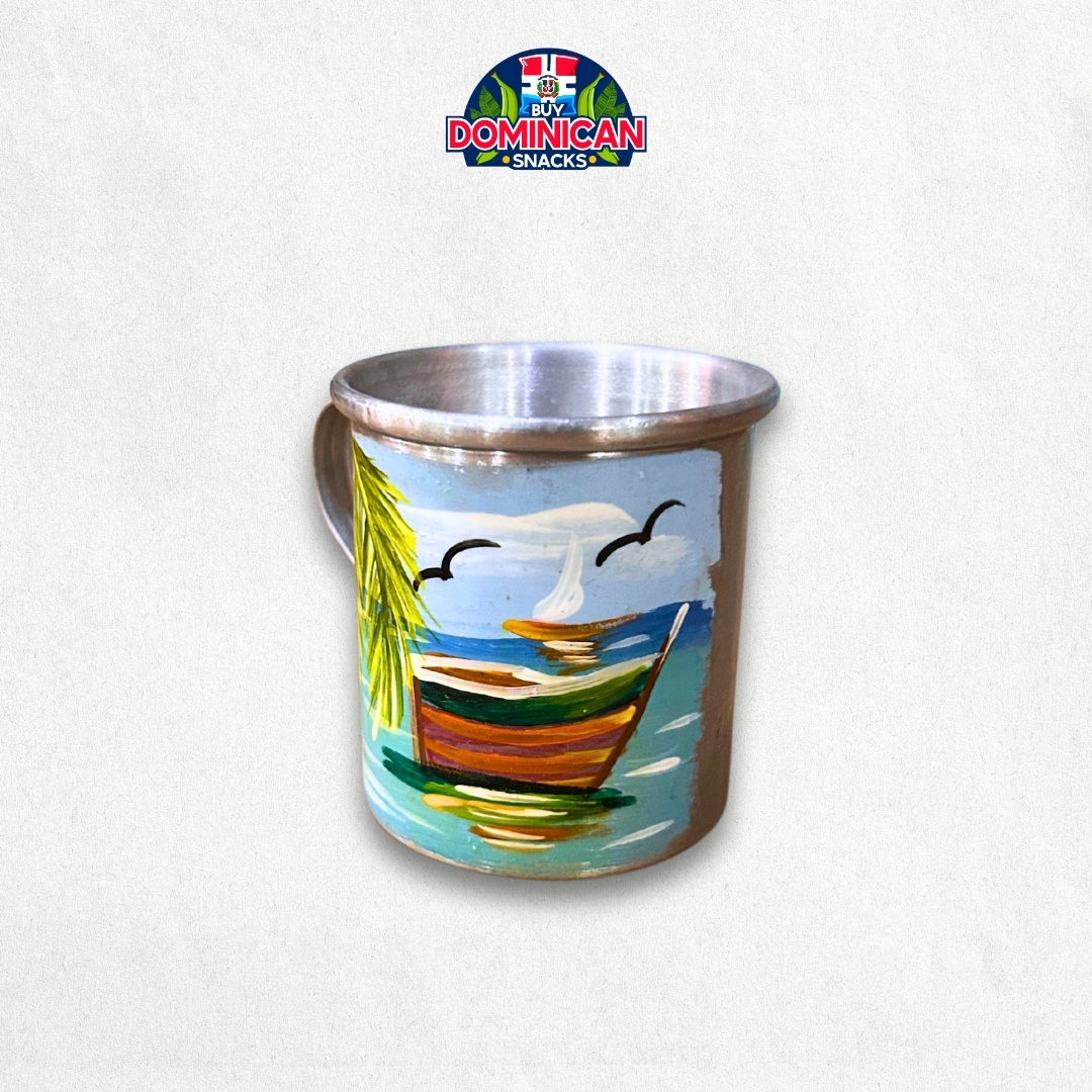 Taza de aluminio recubierta de esmalte – Diseño de playa dominicana