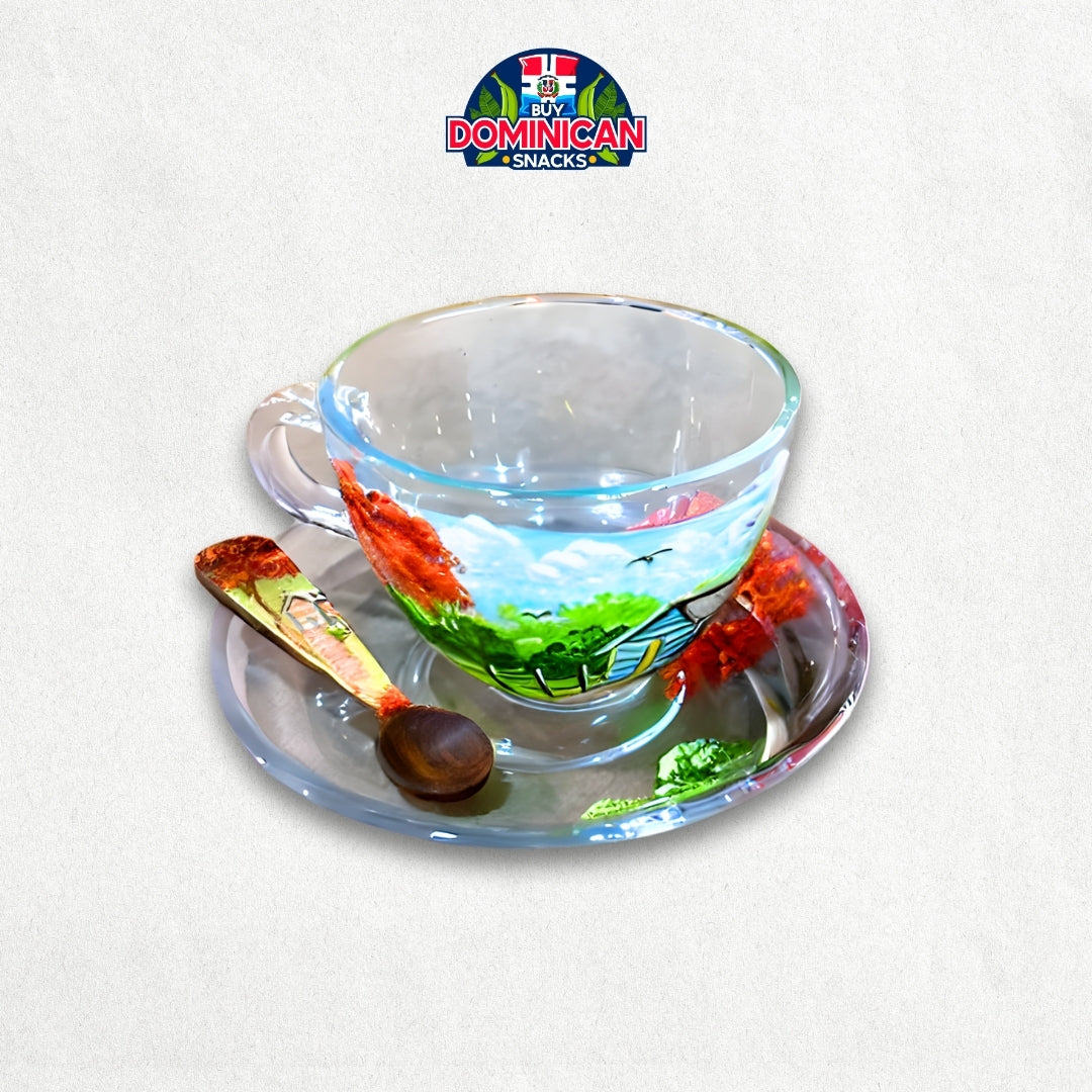 Taza extravagante con diseño de Casas de campo dominicanas hechas a mano - Vidrio transparente