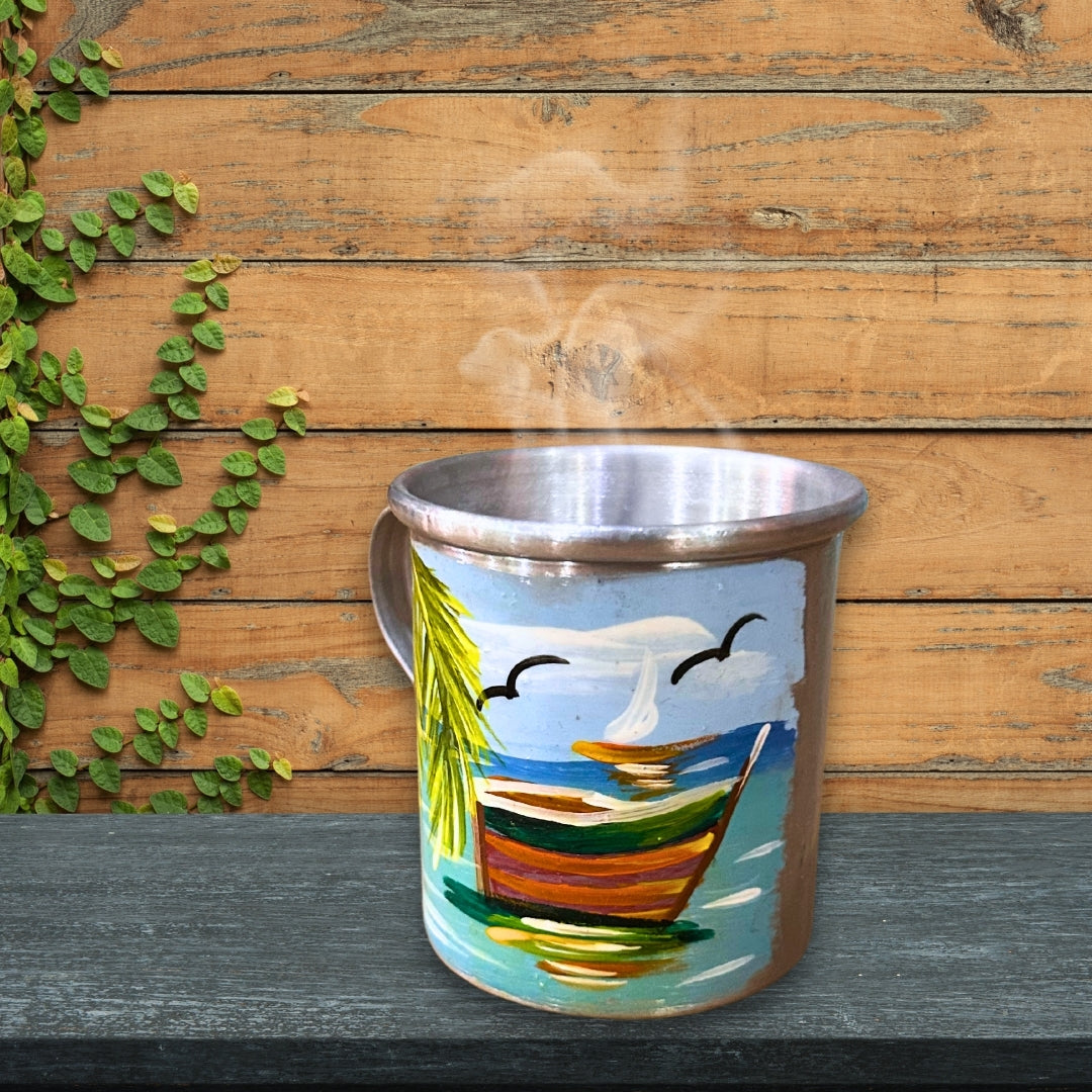 Taza de aluminio recubierta de esmalte – Diseño de playa dominicana
