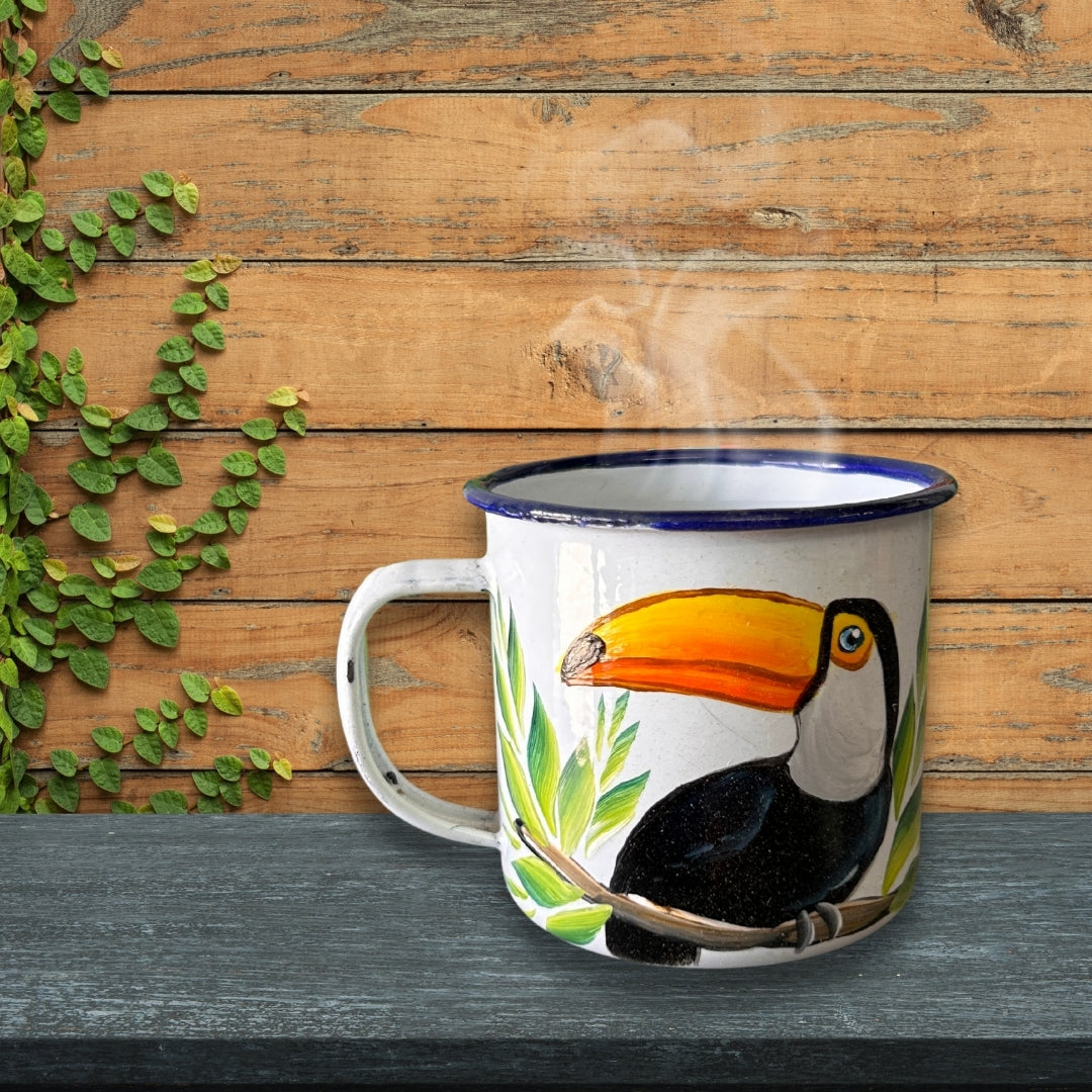 Enamel-Coated Aluminum Mug with Toucan Design