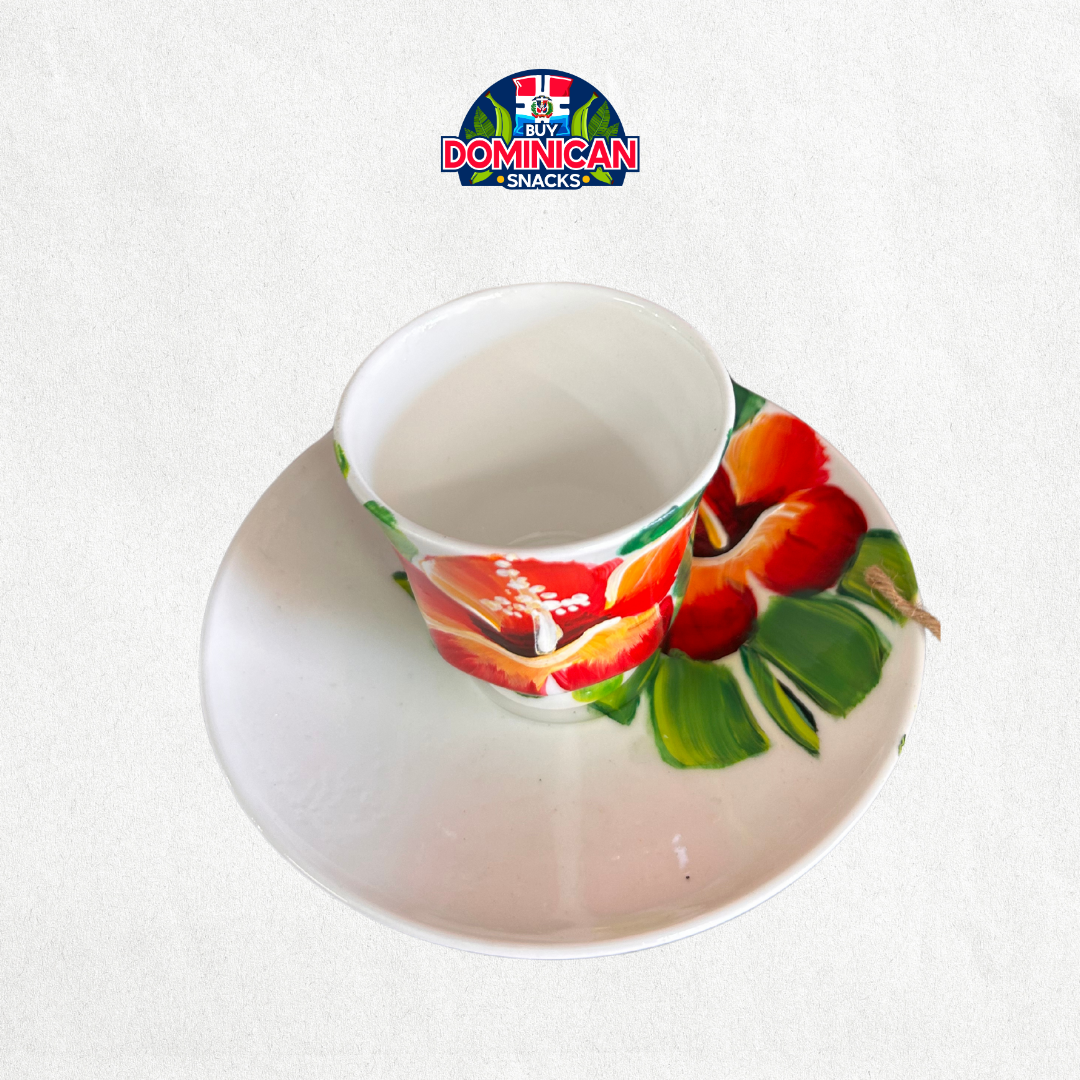 Taza de café y platillo de vidrio pintado a mano: Hibiscus Touch
