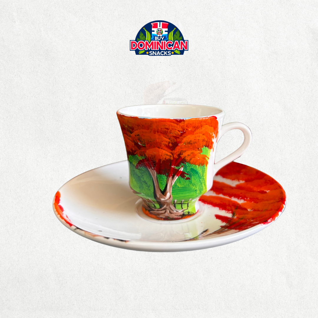Taza y platillo de café de vidrio pintado a mano: Campo dominicano