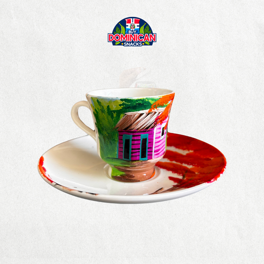 Taza y platillo de café de vidrio pintado a mano: Campo dominicano
