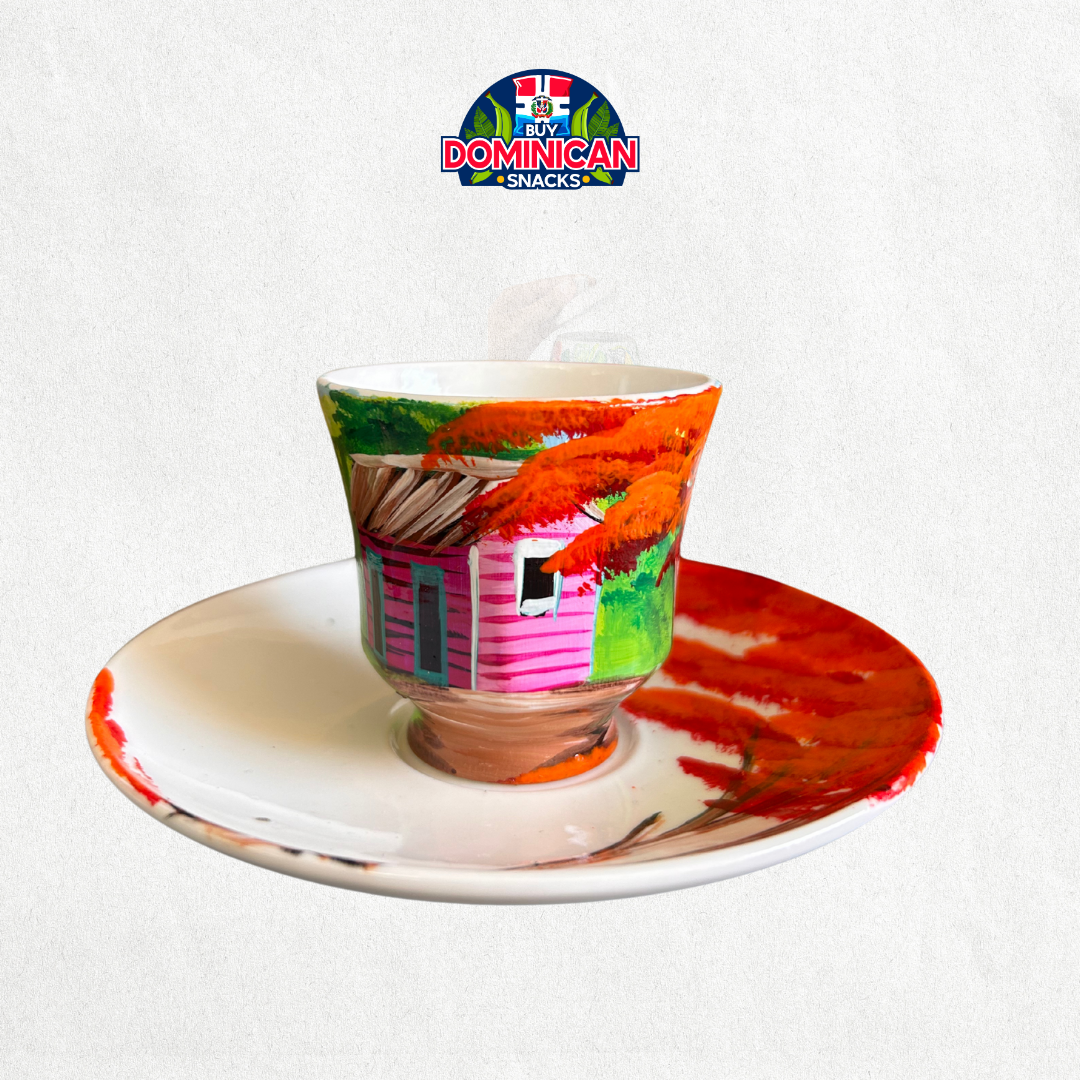 Taza y platillo de café de vidrio pintado a mano: Campo dominicano