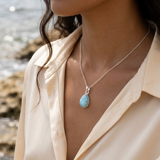 Larimar Teardrop Pendant Sterling Silver – Dominican Blue Gem