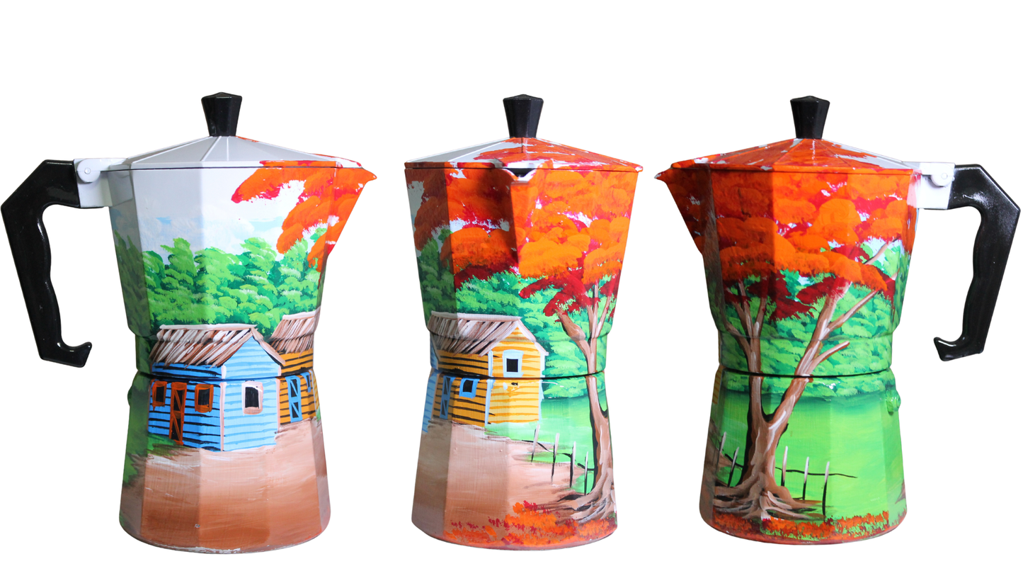 Cafetera dominicana pintada a mano con vibrantes diseños de casas y árboles - Cafetera moka única