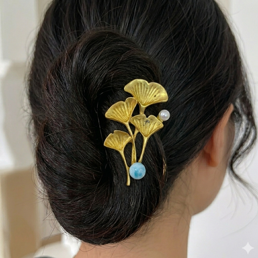 Larimar & Pearl Hair Pin – Golden Botanical Design