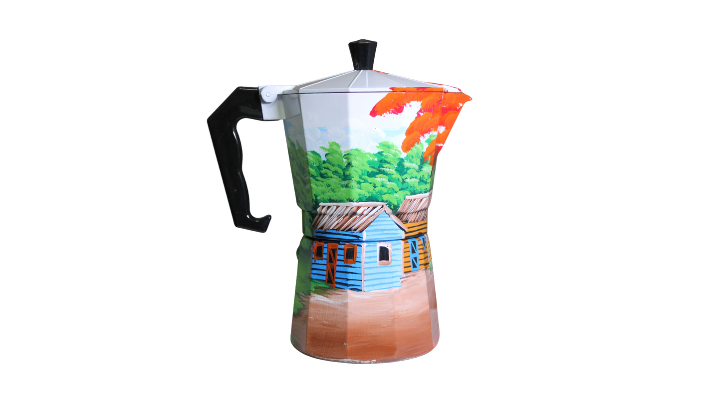 Cafetera dominicana pintada a mano con vibrantes diseños de casas y árboles - Cafetera moka única