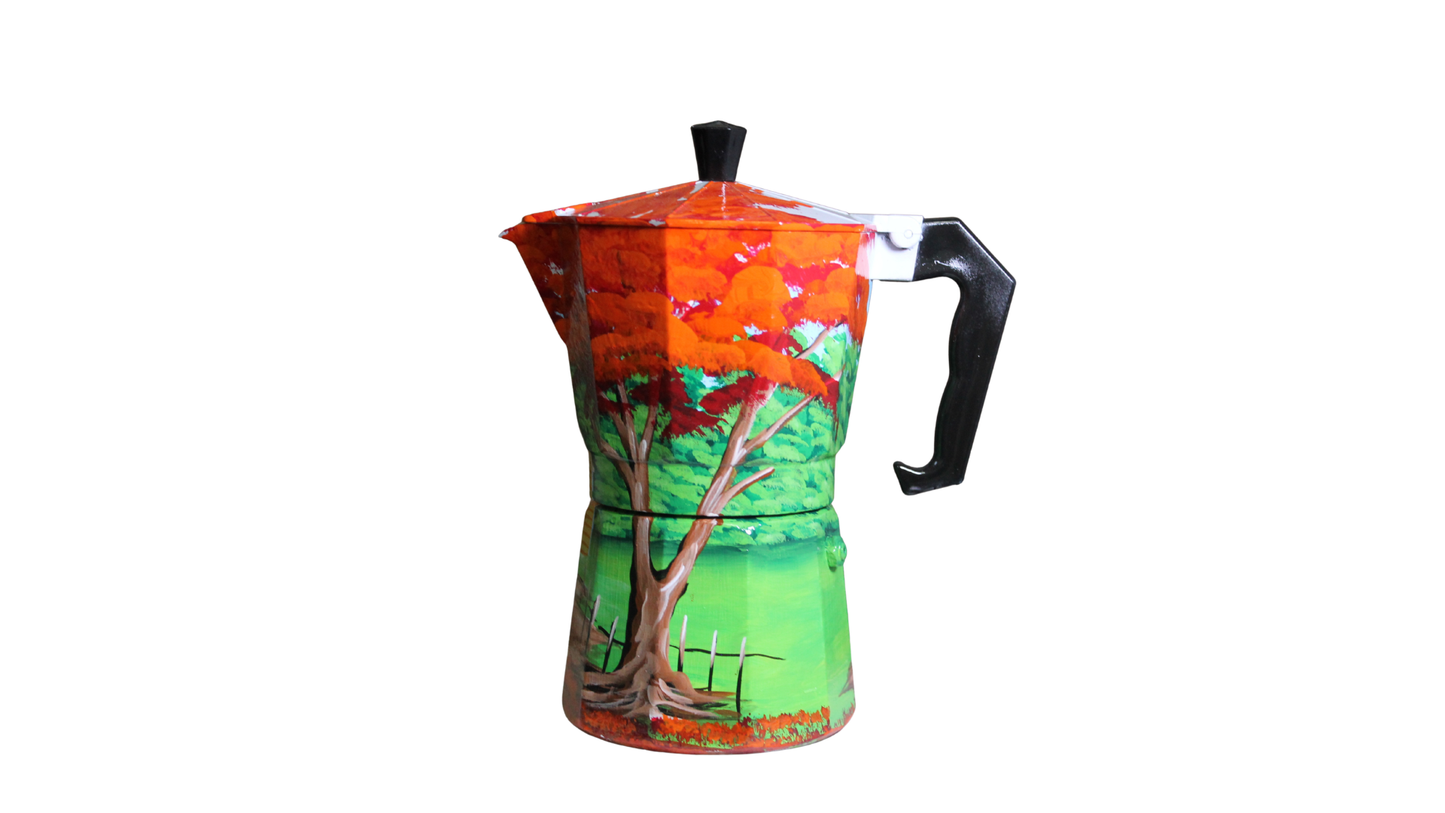 Cafetera dominicana pintada a mano con vibrantes diseños de casas y árboles - Cafetera moka única