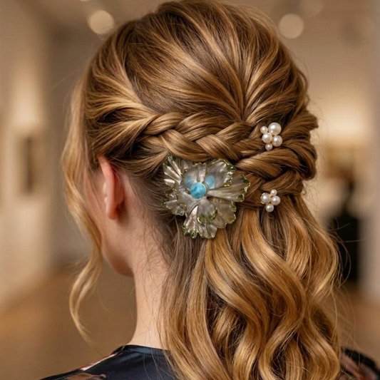 Larimar Flower Hair Clip – Mother of Pearl & Gold Design