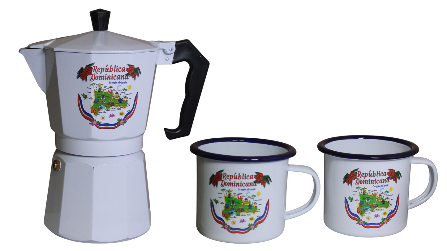 Juego de cafetera dominicana - Greca de Café con tazas esmaltadas | República Dominicana | Set de regalo tradicional | Incluye cafetera moka y dos tazas