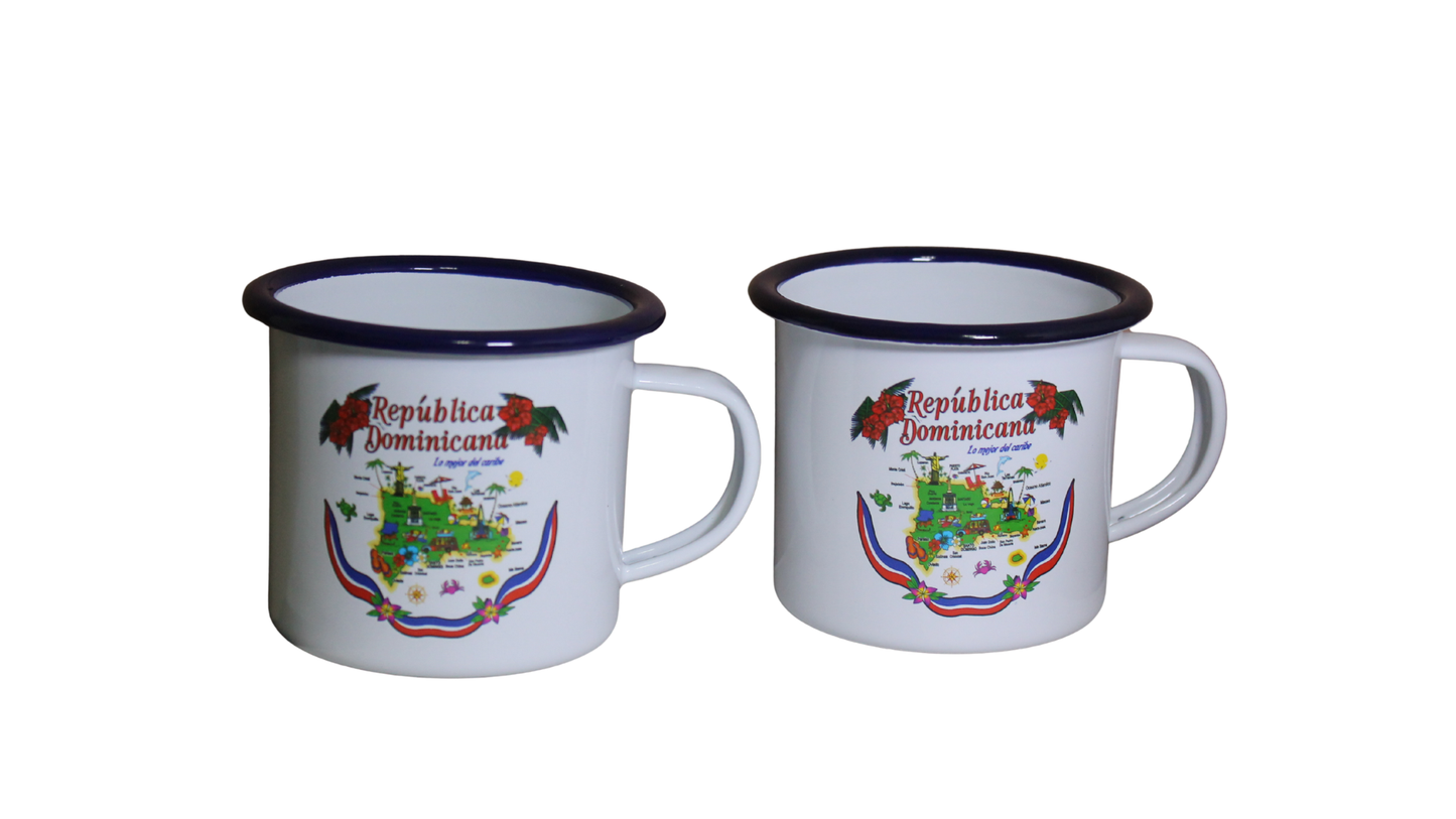Juego de cafetera dominicana - Greca de Café con tazas esmaltadas | República Dominicana | Set de regalo tradicional | Incluye cafetera moka y dos tazas