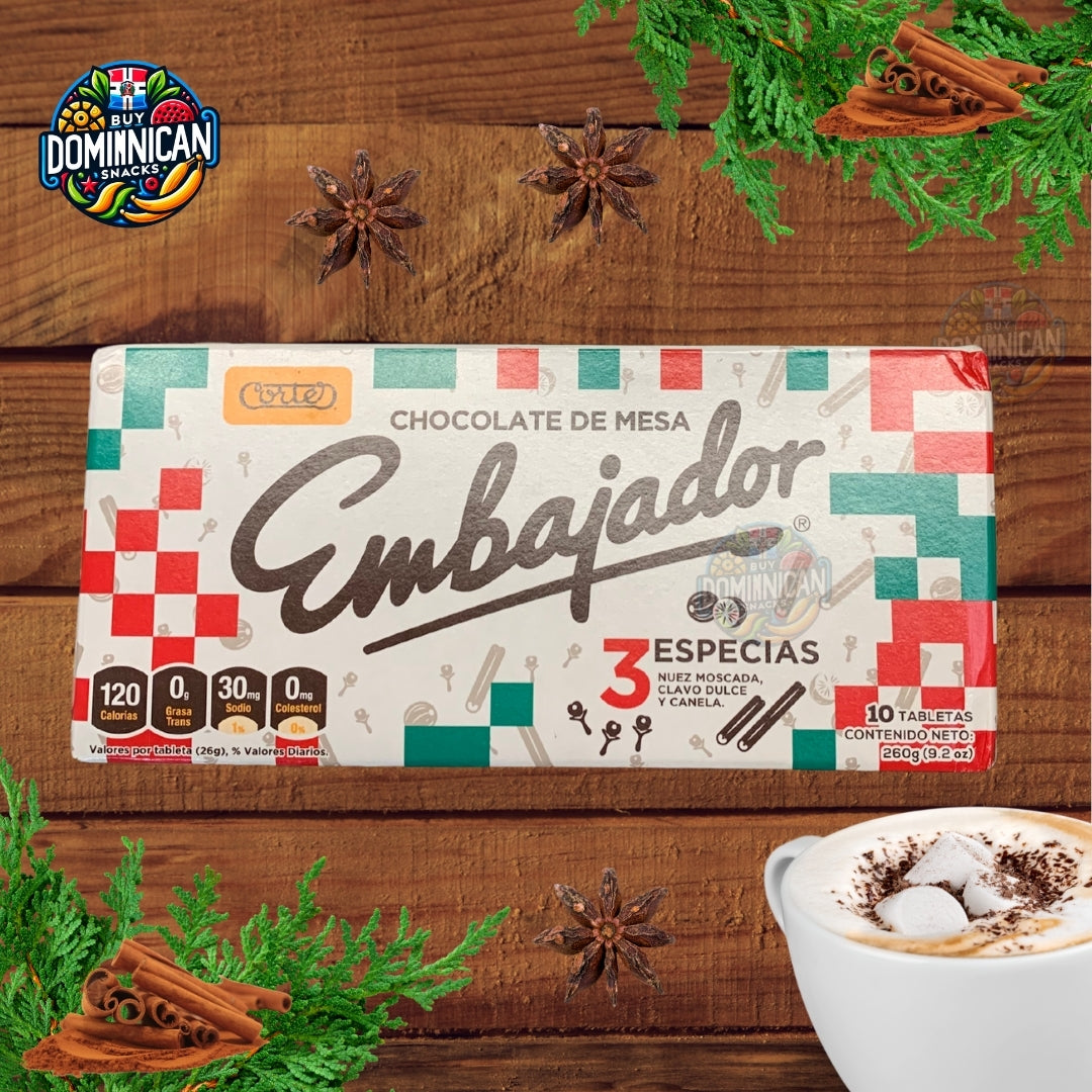 Cortes Chocolate Embajador with 3 Spices- 10 Tablet Bars Infused with nutmeg, sweet cloves, and cinnamon 260g.