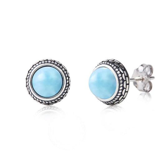 Keenove Larimar Stud Earrings in 925 Sterling Silver, 5mm Natural Gemstone, 7.5mm Studs, Push Back, Hypoallergenic, Gift Box + Meaning Card + Polishing Cloth