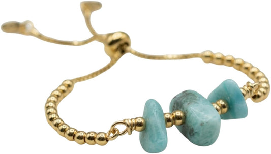 Larimar Adjustable Bracelet Gold Filled – Minimalist Blue Gemstone Bracelet – Handmade Dominican Larimar Jewelry – Dainty Slider Bracelet