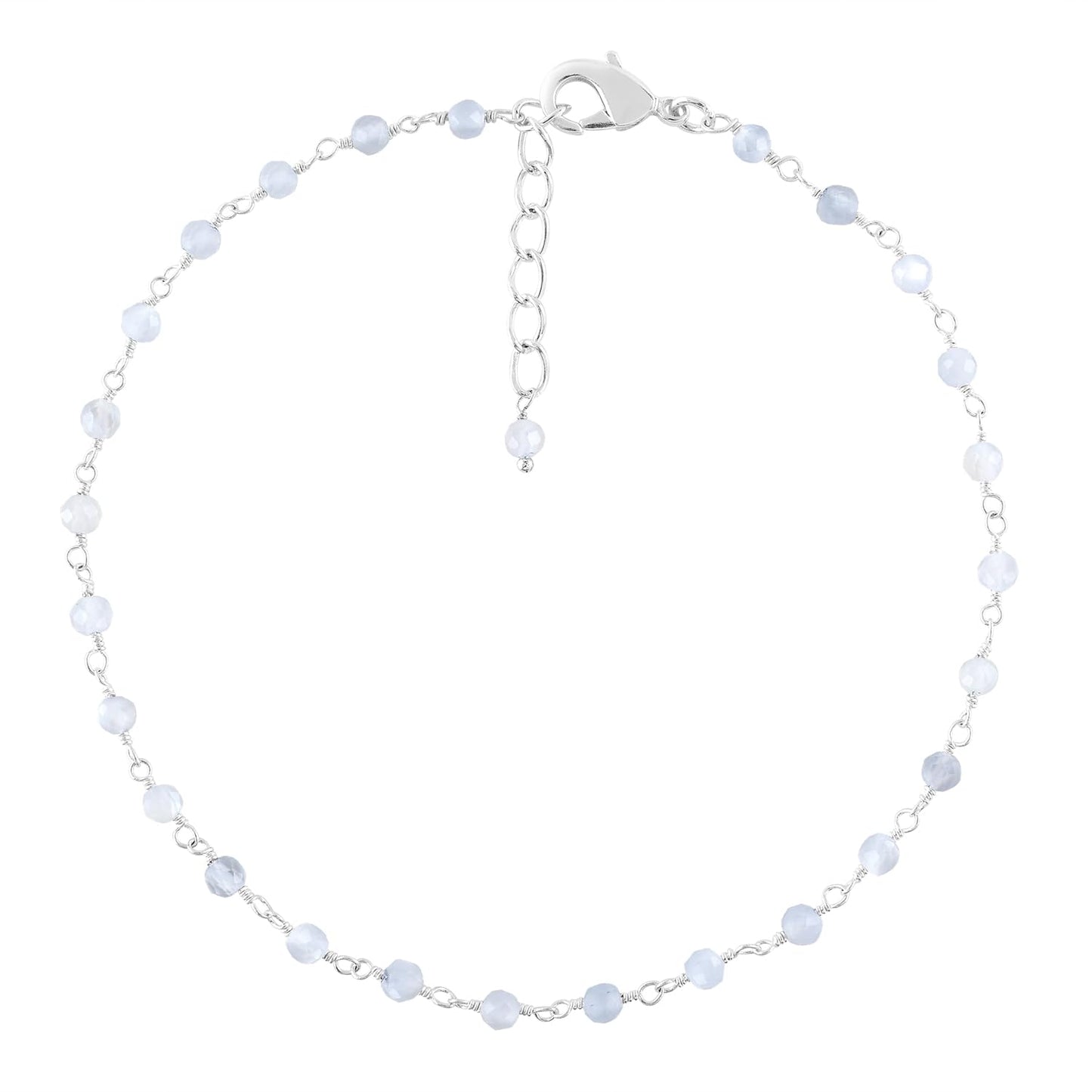 YANARA Larimar Rosary Anklet, Faceted 3mm Gemstone Beads, Silver-Plated Brass, 9”+1.5” Extender, Lobster Clasp, Summer Beach Gift for Women