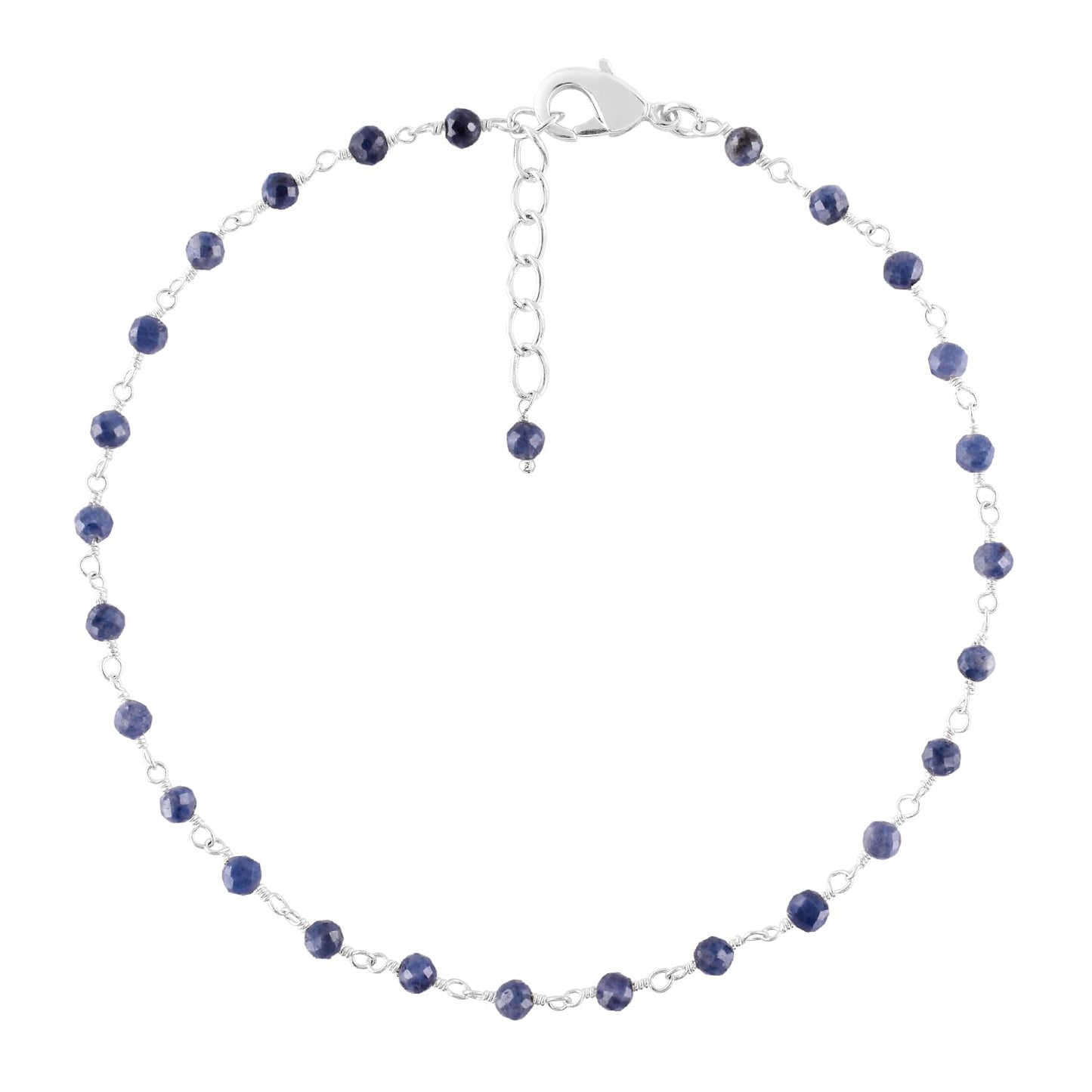 YANARA Larimar Rosary Anklet, Faceted 3mm Gemstone Beads, Silver-Plated Brass, 9”+1.5” Extender, Lobster Clasp, Summer Beach Gift for Women