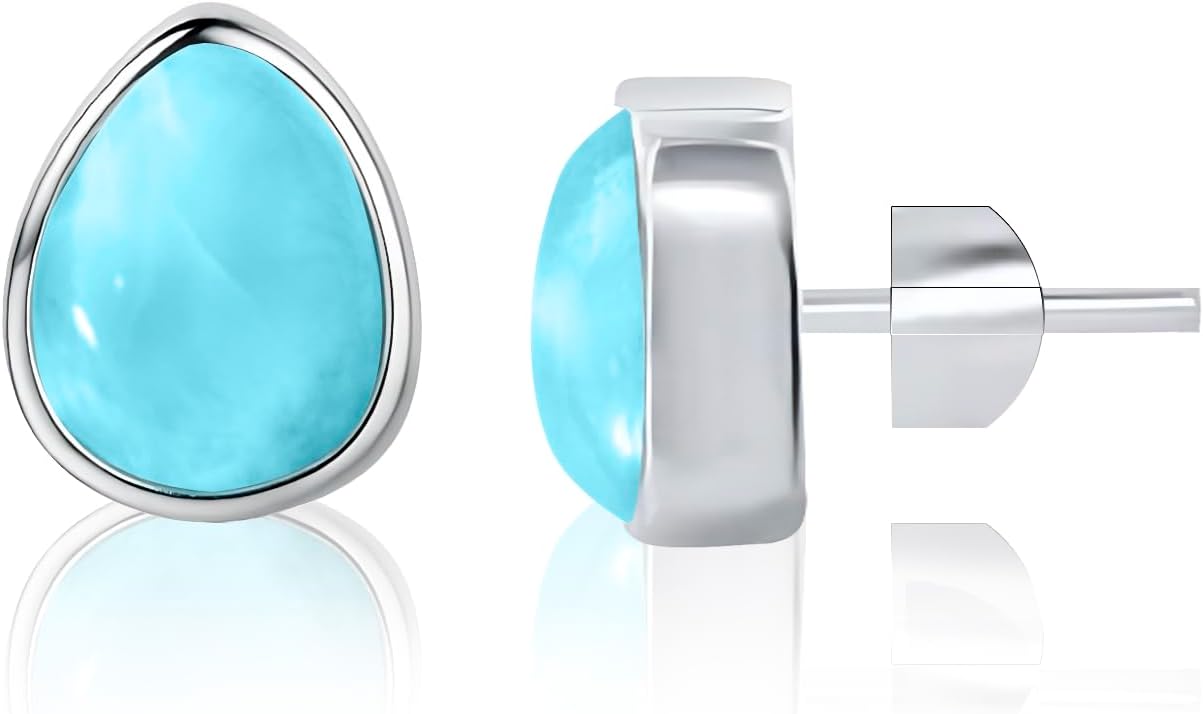 925 sterling silver sleeper-style earrings with natural Larimar tear drops, handcrafted artisanally. With push-back or butterfly closures