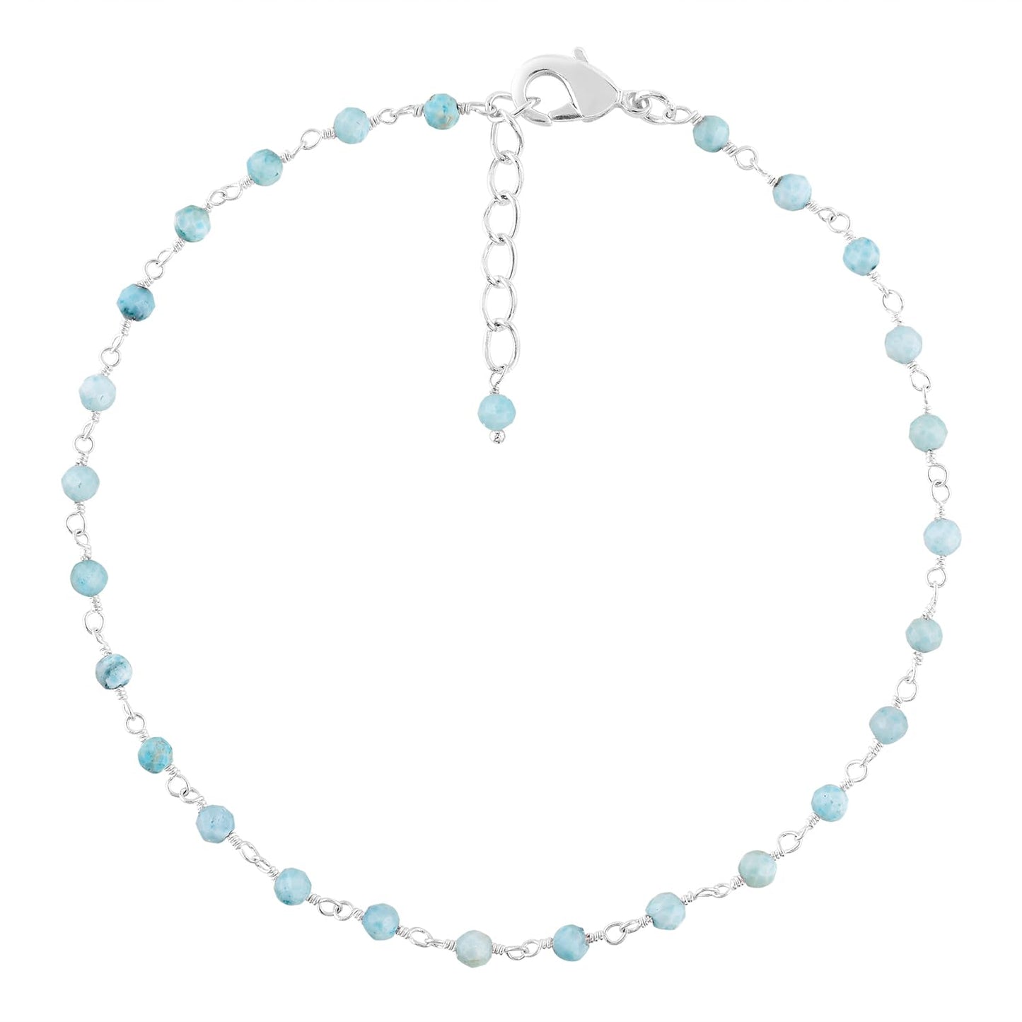 YANARA Larimar Rosary Anklet, Faceted 3mm Gemstone Beads, Silver-Plated Brass, 9”+1.5” Extender, Lobster Clasp, Summer Beach Gift for Women