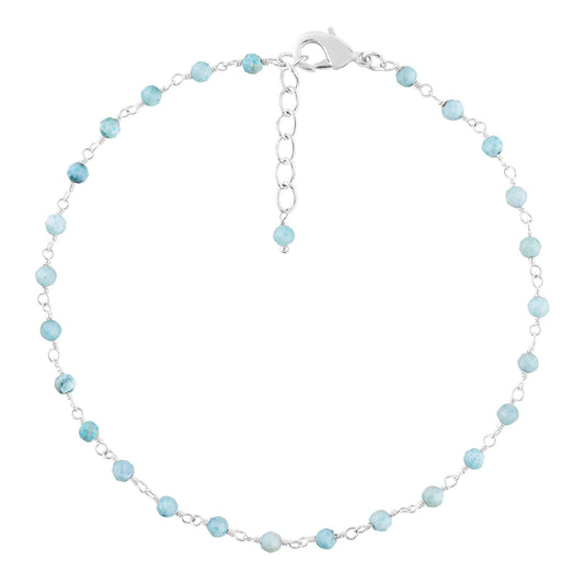 YANARA Larimar Rosary Anklet, Faceted 3mm Gemstone Beads, Silver-Plated Brass, 9”+1.5” Extender, Lobster Clasp, Summer Beach Gift for Women